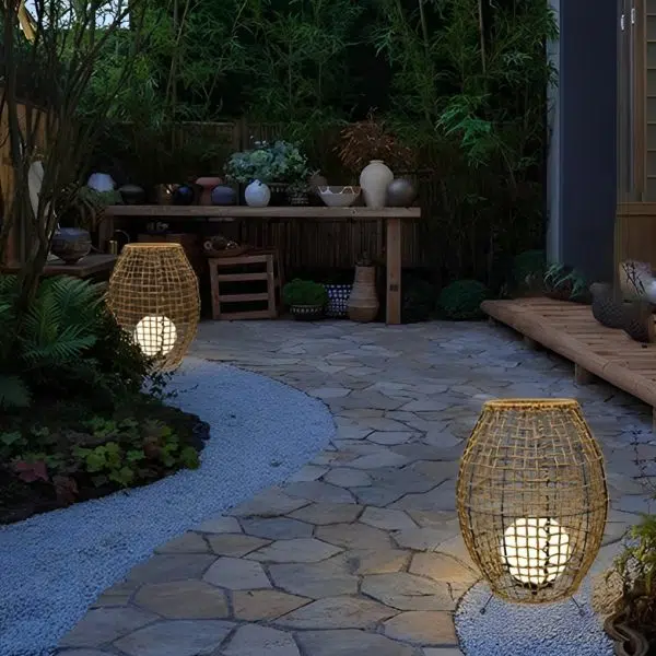 Waterproof Handmade Rattan LED Minimalist Rustic Style Solar Floor Lamp - Image 4