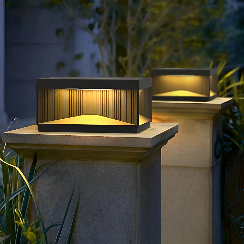 5-81f28fe8-0e6a-405d-ad85-daae7c1b1429.jpg Square Metal Striped Decor LED Waterproof Black Solar Fence Post Light - Image 1