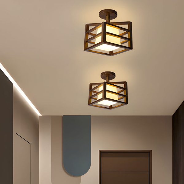 Square Walnut Wooden Frame 1-Light Semi-Flush Mount Ceiling Light - Image 4
