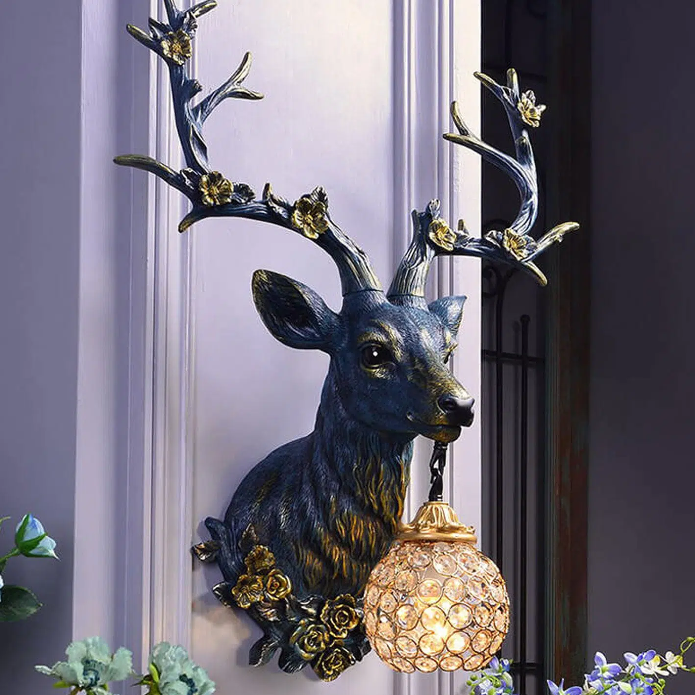 5-c2a12c7c-9111-4c2d-afde-e9f0d7e3faba.jpg Retro Creative Fortune Deer Head Resin 1-Light Wall Sconce Lamp - Image 1