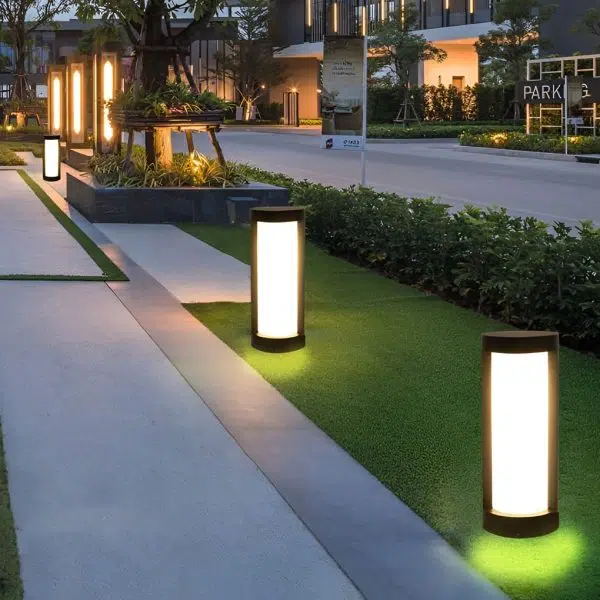 Black Cylindrical LED Pathway Lights Solar and Wired Outdoor Lighting Solutions - Image 3