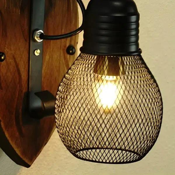 Rustic Antique Wood Iron Hollow Mesh Black E27 Industrial Style Wall Lamp - Image 4