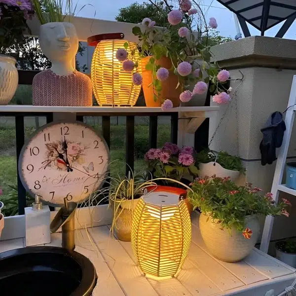 Portable Rattan Lantern Waterproof LED Modern Solar Outdoor Light Floor Lamp - Image 4
