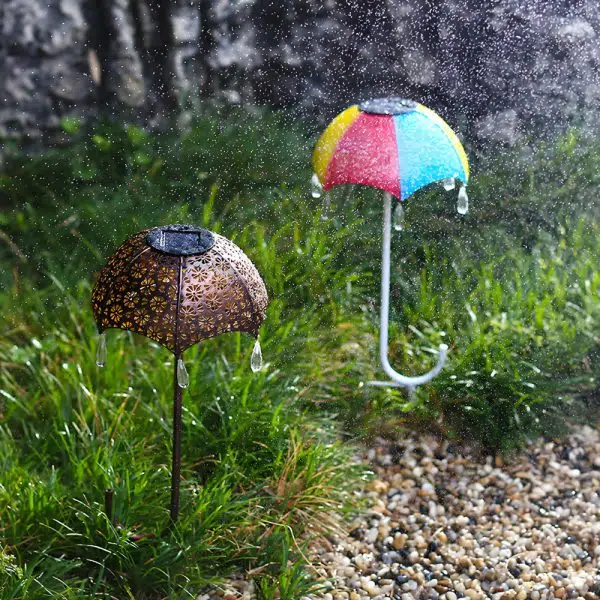 Retro Iron Hollow Umbrella Raindrops Waterproof Modern Solar Lawn Lights - Image 4