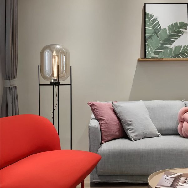 Industrial Standing Metal and Hand-blown Glass Floor Lamp - Image 5