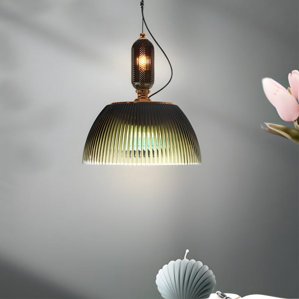 Retro Gradient Dark Green Striped Glass Art Nordic Pendant Lights Fixture - Image 2