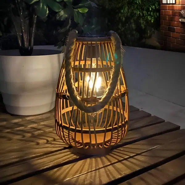 Portable Bamboo Rattan Waterproof LED Wood Retro Solar Outdoor Lanterns - Image 2