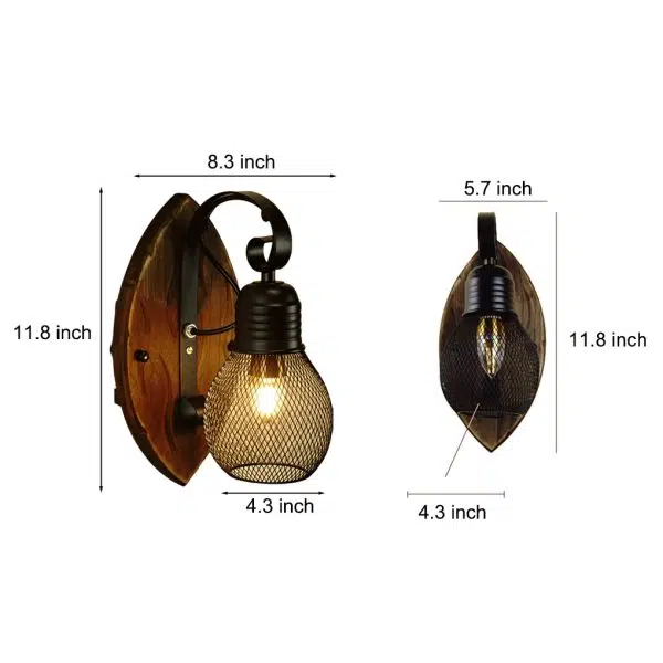 Rustic Antique Wood Iron Hollow Mesh Black E27 Industrial Style Wall Lamp - Image 5