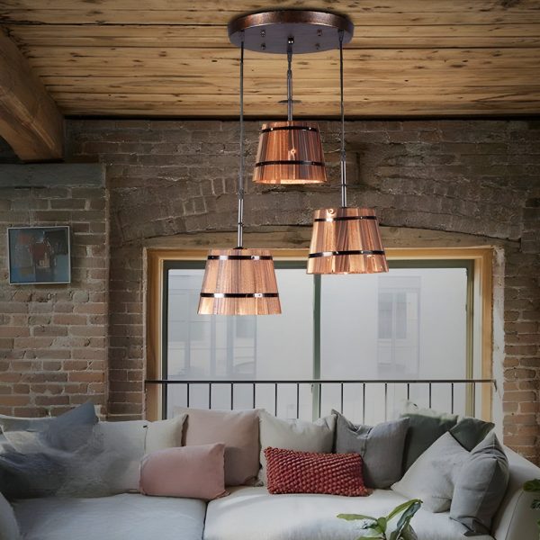 1/3-Light Rustic Wood Bucket Shade Pendant Lighting for Cafe Bar - Image 2