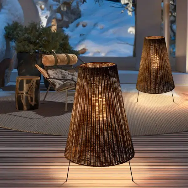 Rattan Shaded Tripod Metal and 1-Light Outdoor Floor Lamp - Image 2