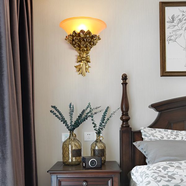 Retro Resin Roses Bouquet Glass European-Style Wall Lamp Wall Light Fixture - Image 4