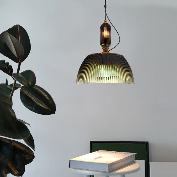 Retro Gradient Dark Green Striped Glass Art Nordic Pendant Lights Fixture - Image 4