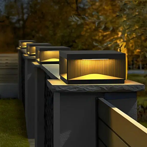 Square Metal Striped Decor LED Waterproof Black Solar Fence Post Light - Image 4