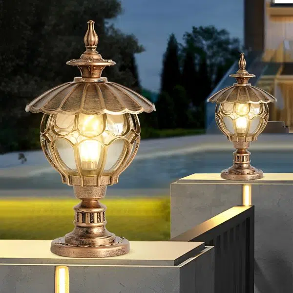 Flower Ball Cognac Glass Waterproof European Style Outdoor Pillar Lamp - Image 2