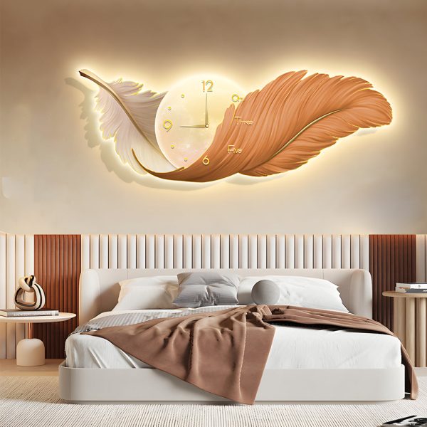 2-In-1 Wall Feather Painting Hanging Decor LED Wall Lamp Wall Clock - Image 8
