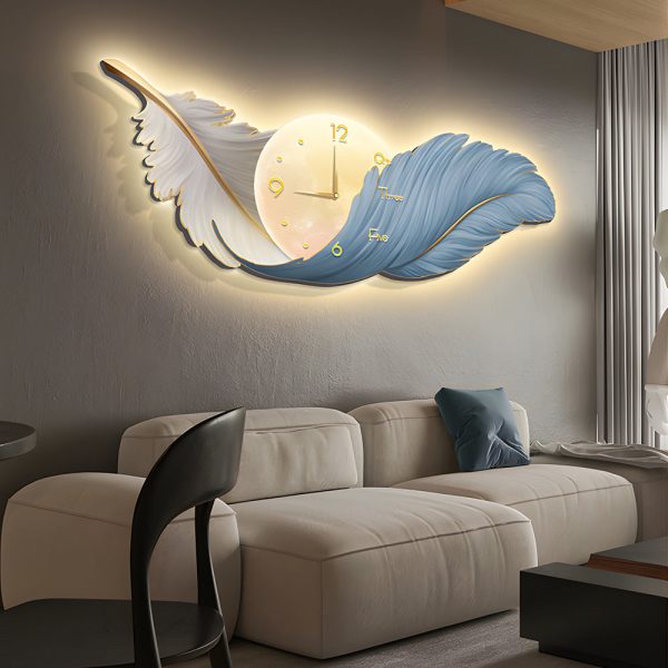 2-In-1 Wall Feather Painting Hanging Decor LED Wall Lamp Wall Clock - Image 4