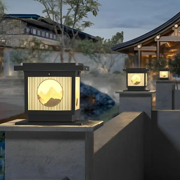 Square Retro Mountain Scenery LED Waterproof Solar Post Caps Lights - Image 2