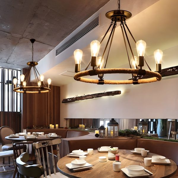 Rustic Industrial Hemp Rope Chandelier with Iron Frame - Image 4