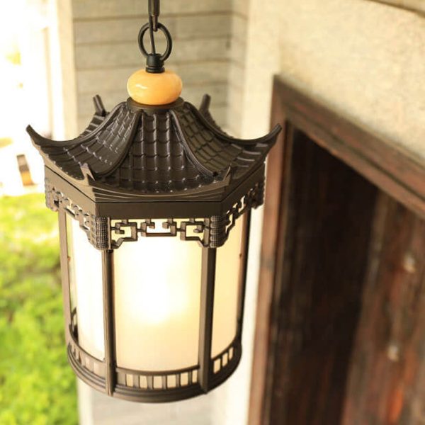 Retro Chinese Outdoor Waterproof Hexagonal Lantern 1-Light Patio Pendant Light - Image 5
