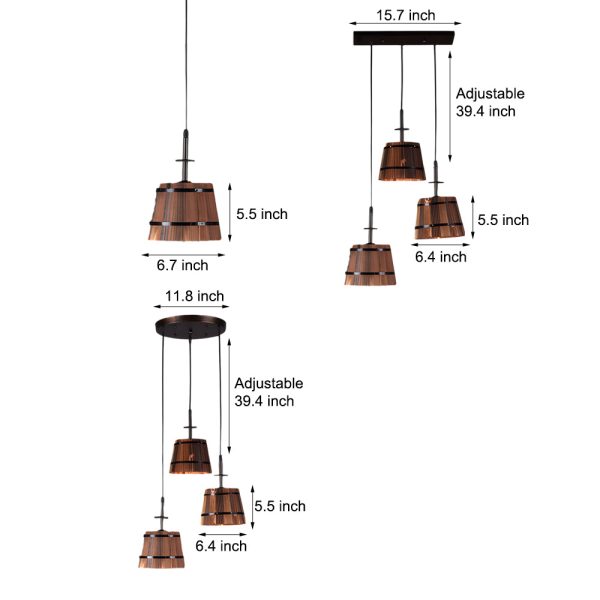 1/3-Light Rustic Wood Bucket Shade Pendant Lighting for Cafe Bar - Image 8