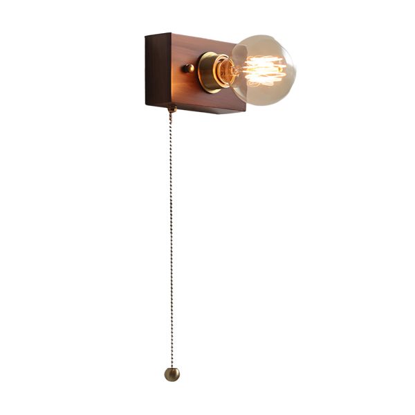 Round/Square Vintage Walnut Wood Wall Lamp 1-light with Pull Chain Switch - Image 18