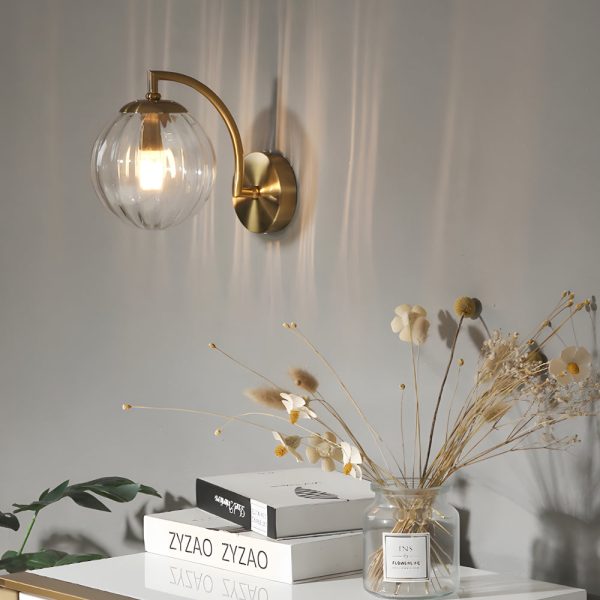 1-Light Curved Arm Wall Sconce with Ball Rib Glass Ball Shade - Image 2