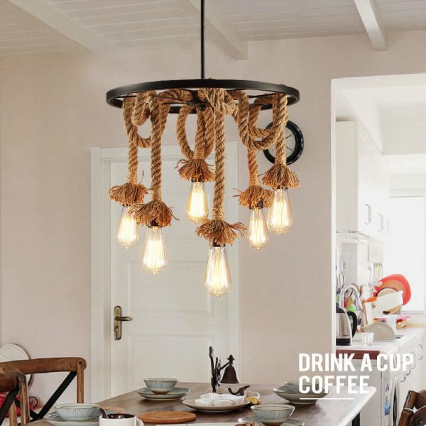 Retro Black Metal Wagon Wheel 3/6 Light Hemp Rope Chandeliers - Image 6