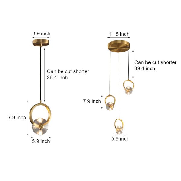 1/3-Light Round Copper Crystal LED Pendant Light - Image 7