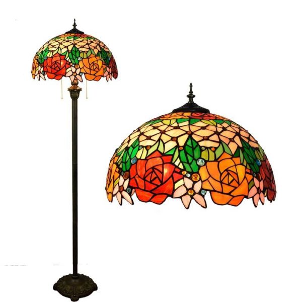 Vintage Tiffany Stained Glass Rose 2-Light Standing Floor Lamp - Image 4