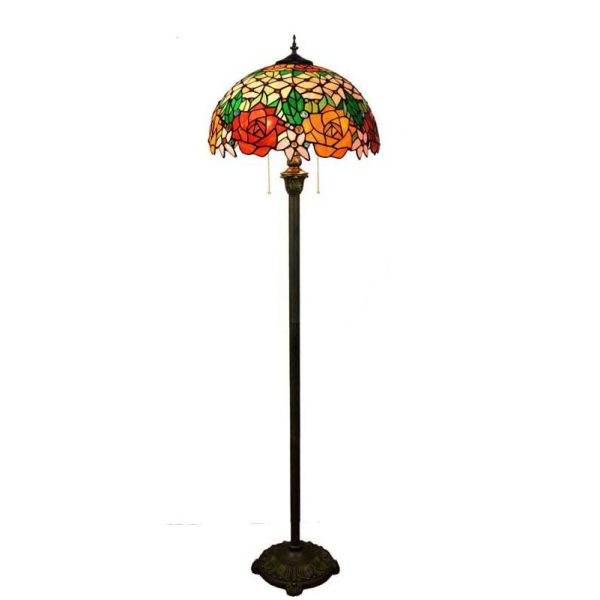 Vintage Tiffany Stained Glass Rose 2-Light Standing Floor Lamp - Image 9