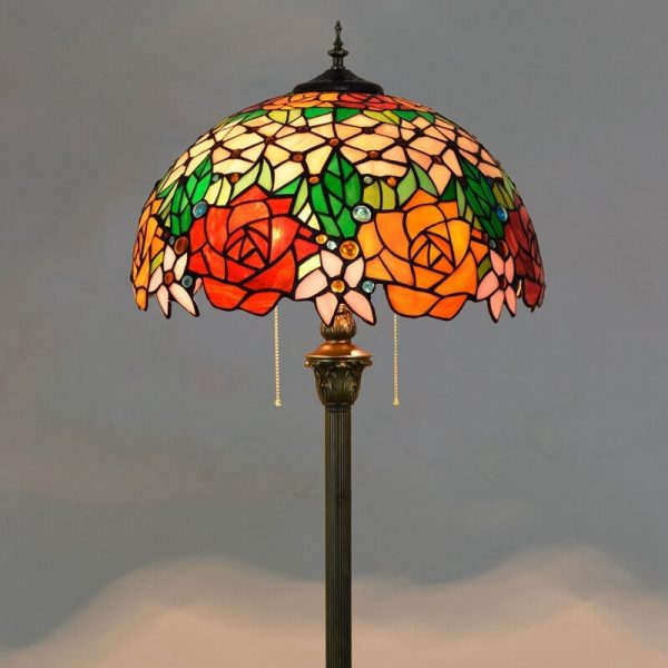 Vintage Tiffany Stained Glass Rose 2-Light Standing Floor Lamp - Image 7