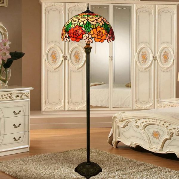 Vintage Tiffany Stained Glass Rose 2-Light Standing Floor Lamp - Image 8