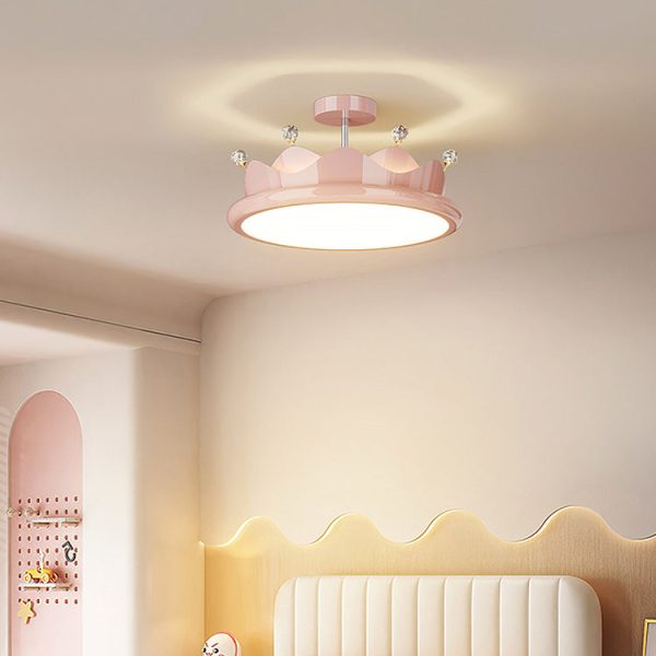 Contemporary Creative Iron Crystal PE Round Crown LED Semi-Flush Mount Ceiling Light For Bedroom - Image 3