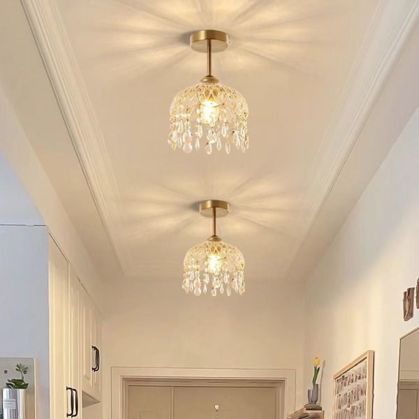 Traditional French Iron Crystal & Glass Dome Tassel 1-Light Semi-Flush Mount Ceiling Light For Hallway - Image 2