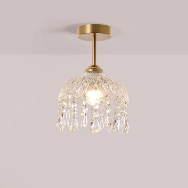 Traditional French Iron Crystal & Glass Dome Tassel 1-Light Semi-Flush Mount Ceiling Light For Hallway - Image 9
