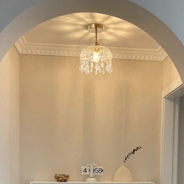 Traditional French Iron Crystal & Glass Dome Tassel 1-Light Semi-Flush Mount Ceiling Light For Hallway - Image 3