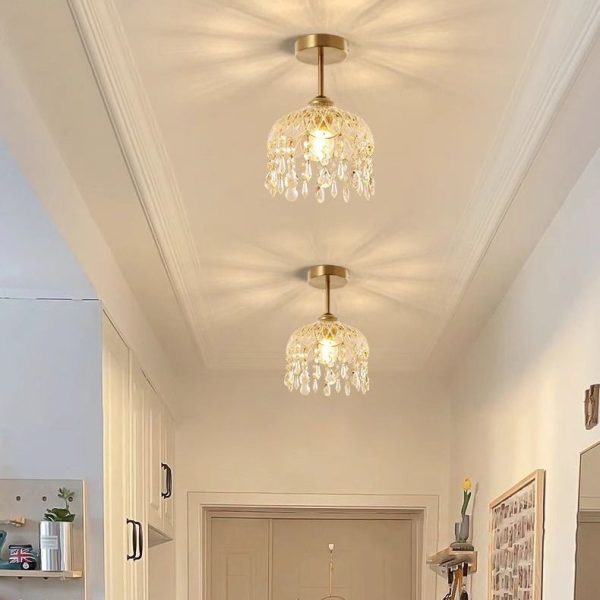 Traditional French Iron Crystal & Glass Dome Tassel 1-Light Semi-Flush Mount Ceiling Light For Hallway - Image 5