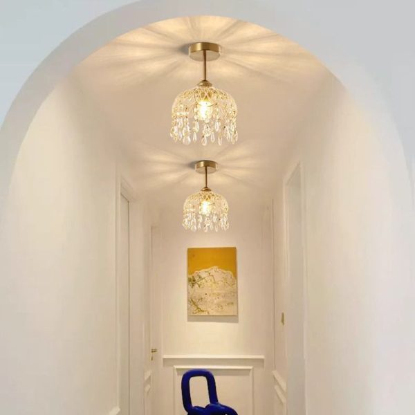 Traditional French Iron Crystal & Glass Dome Tassel 1-Light Semi-Flush Mount Ceiling Light For Hallway - Image 8