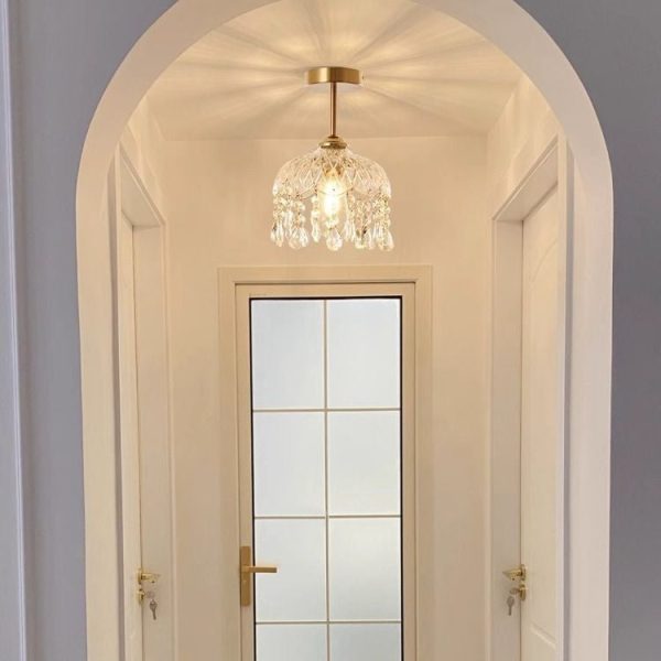 Traditional French Iron Crystal & Glass Dome Tassel 1-Light Semi-Flush Mount Ceiling Light For Hallway - Image 6