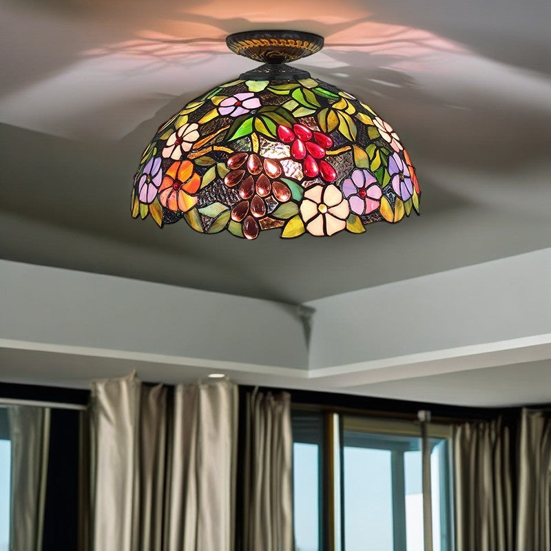 BS-Lighting-AC04545-1-c8a984a0-5294-456b-aef8-8989aca515a0.jpg Traditional Tiffany Iron Colored Glass Floral Leaf Pattern Dome 1-Light Semi-Flush Mount Ceiling Light For Living Room - Image 1