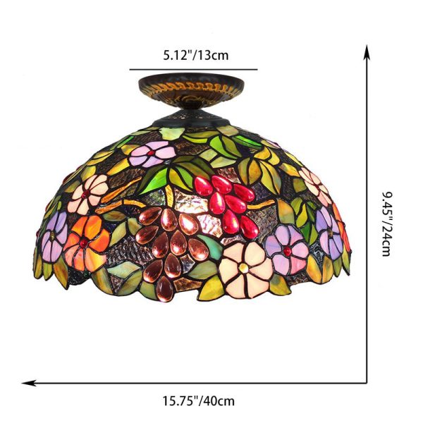 Traditional Tiffany Iron Colored Glass Floral Leaf Pattern Dome 1-Light Semi-Flush Mount Ceiling Light For Living Room - Image 4
