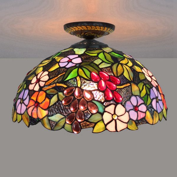 Traditional Tiffany Iron Colored Glass Floral Leaf Pattern Dome 1-Light Semi-Flush Mount Ceiling Light For Living Room - Image 5