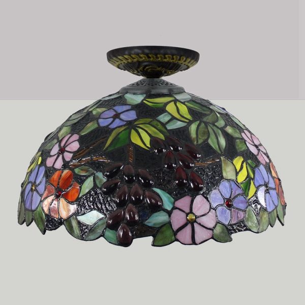 Traditional Tiffany Iron Colored Glass Floral Leaf Pattern Dome 1-Light Semi-Flush Mount Ceiling Light For Living Room - Image 6