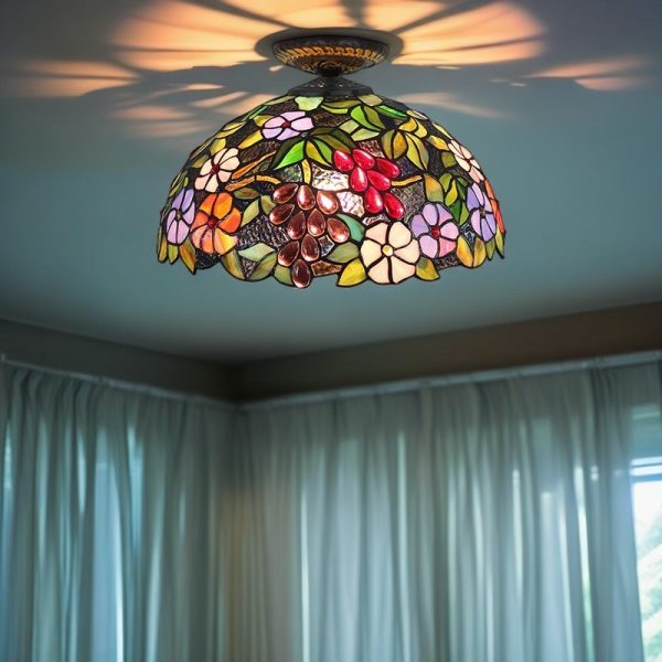 Traditional Tiffany Iron Colored Glass Floral Leaf Pattern Dome 1-Light Semi-Flush Mount Ceiling Light For Living Room - Image 7