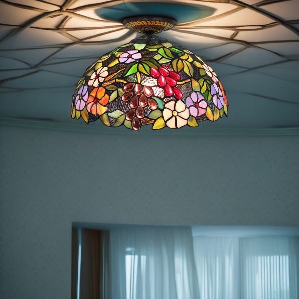 Traditional Tiffany Iron Colored Glass Floral Leaf Pattern Dome 1-Light Semi-Flush Mount Ceiling Light For Living Room - Image 2