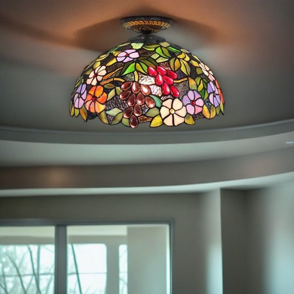 Traditional Tiffany Iron Colored Glass Floral Leaf Pattern Dome 1-Light Semi-Flush Mount Ceiling Light For Living Room - Image 3