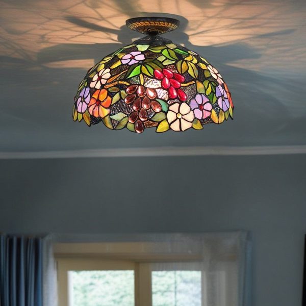 Traditional Tiffany Iron Colored Glass Floral Leaf Pattern Dome 1-Light Semi-Flush Mount Ceiling Light For Living Room - Image 8