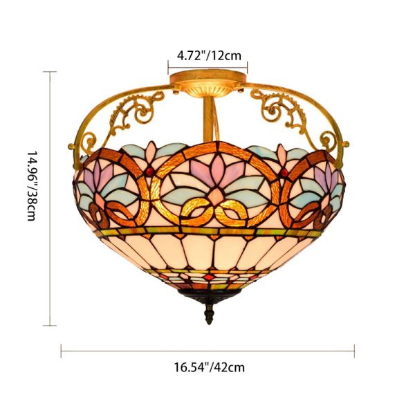 Traditional Tiffany Iron & Stained Glass Heart Dome Floral Pattern 3-Light Semi-Flush Mount Ceiling Light For Living Room - Image 4