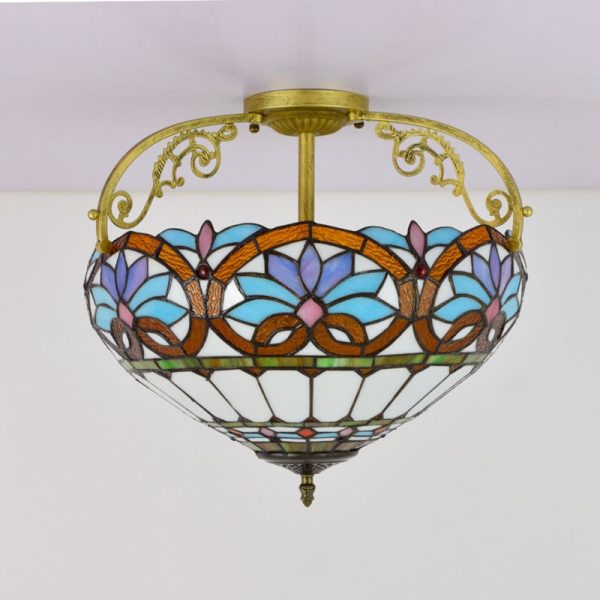 Traditional Tiffany Iron & Stained Glass Heart Dome Floral Pattern 3-Light Semi-Flush Mount Ceiling Light For Living Room - Image 10