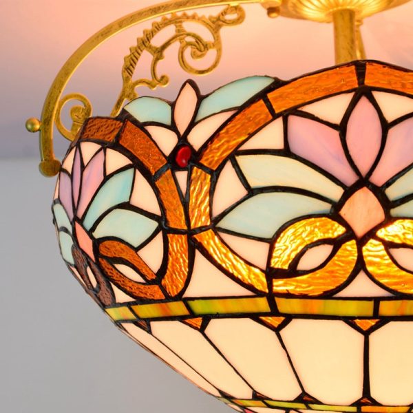 Traditional Tiffany Iron & Stained Glass Heart Dome Floral Pattern 3-Light Semi-Flush Mount Ceiling Light For Living Room - Image 9